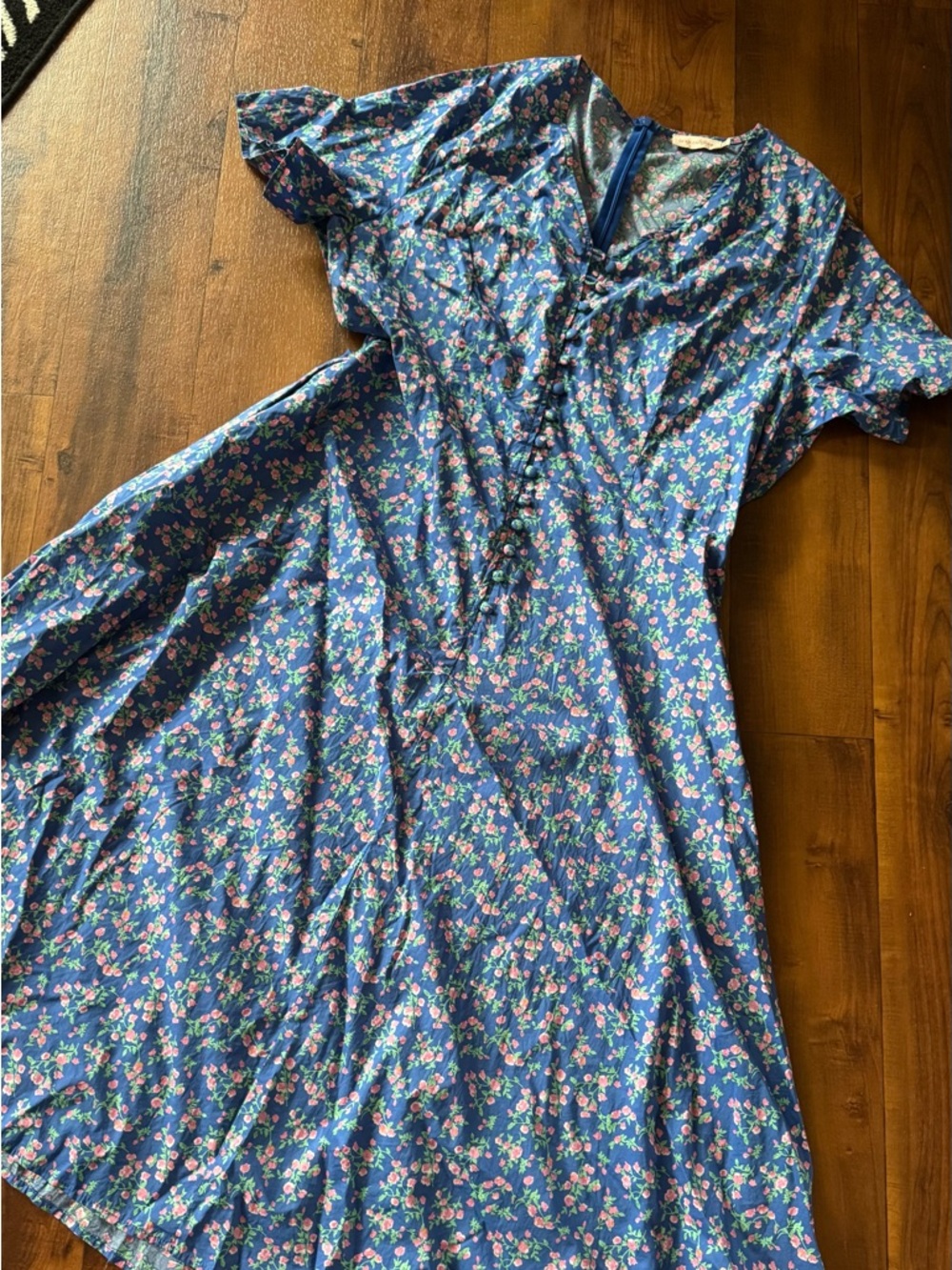 Ivy City Co Vintage Inspired Blue Floral Zip-Back Button Dress Pink Blossoms 16W - Picture 3 of 13